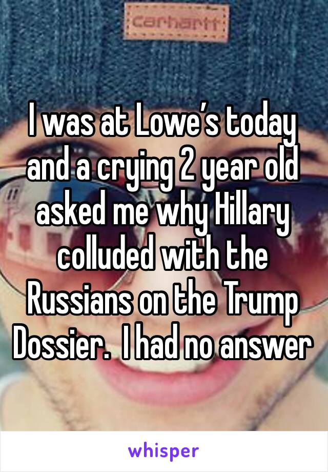 I was at Lowe’s today and a crying 2 year old asked me why Hillary colluded with the Russians on the Trump Dossier.  I had no answer