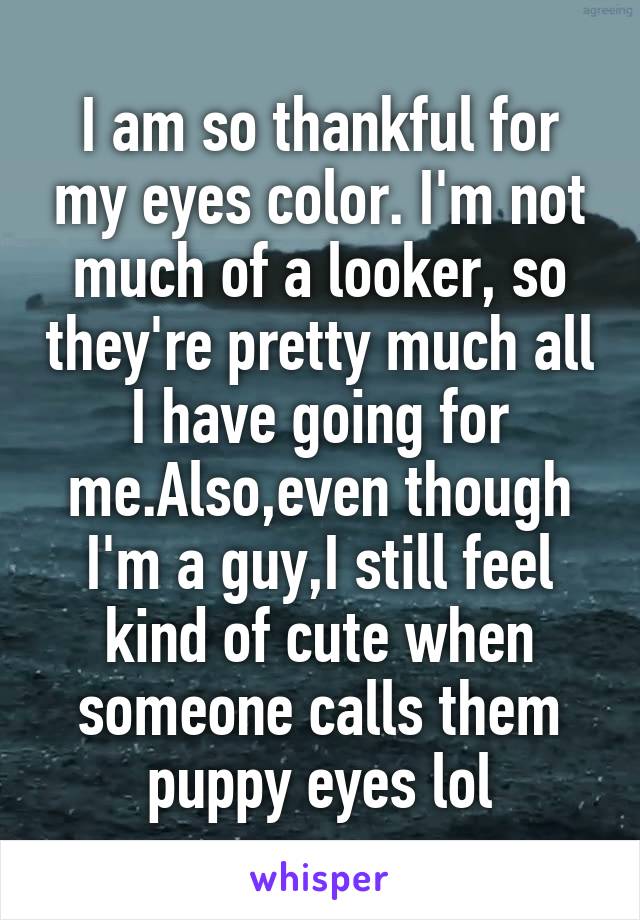 I am so thankful for my eyes color. I'm not much of a looker, so they're pretty much all I have going for me.Also,even though I'm a guy,I still feel kind of cute when someone calls them puppy eyes lol