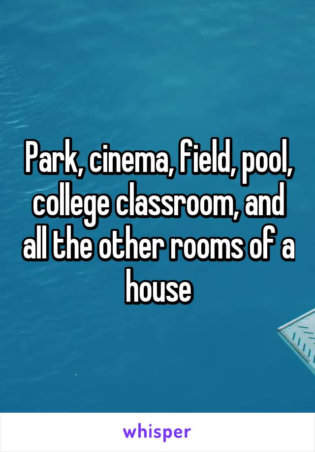 Park, cinema, field, pool, college classroom, and all the other rooms of a house