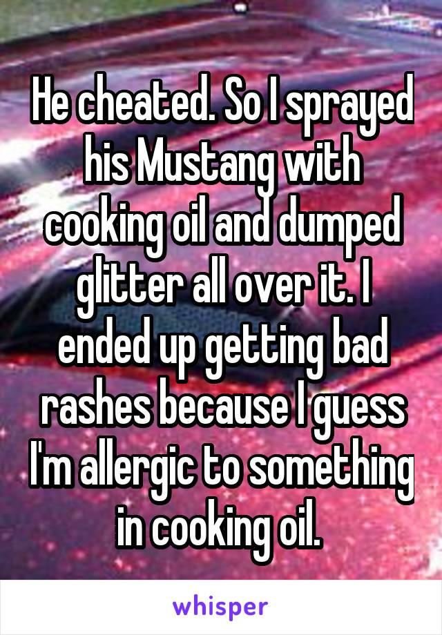 He cheated. So I sprayed his Mustang with cooking oil and dumped glitter all over it. I ended up getting bad rashes because I guess I'm allergic to something in cooking oil. 