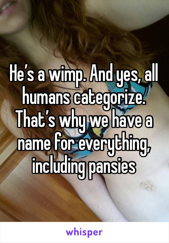 He’s a wimp. And yes, all humans categorize. That’s why we have a name for everything, including pansies 