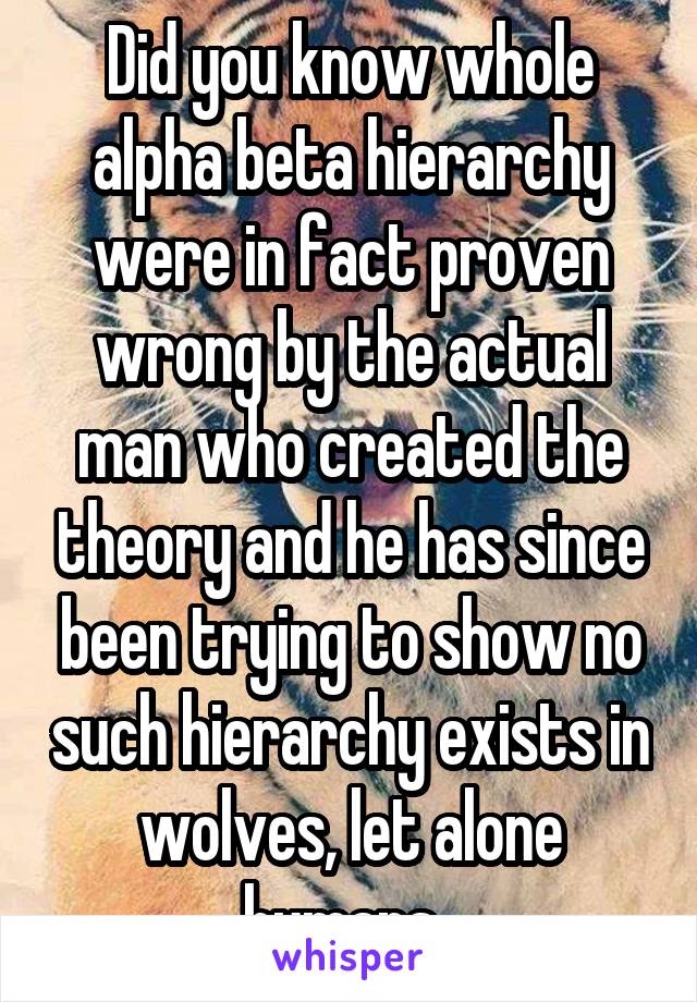 Did you know whole alpha beta hierarchy were in fact proven wrong by the actual man who created the theory and he has since been trying to show no such hierarchy exists in wolves, let alone humans. 