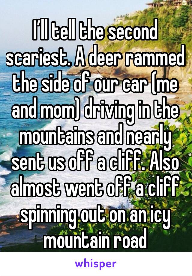 I’ll tell the second scariest. A deer rammed the side of our car (me and mom) driving in the mountains and nearly sent us off a cliff. Also almost went off a cliff spinning out on an icy mountain road