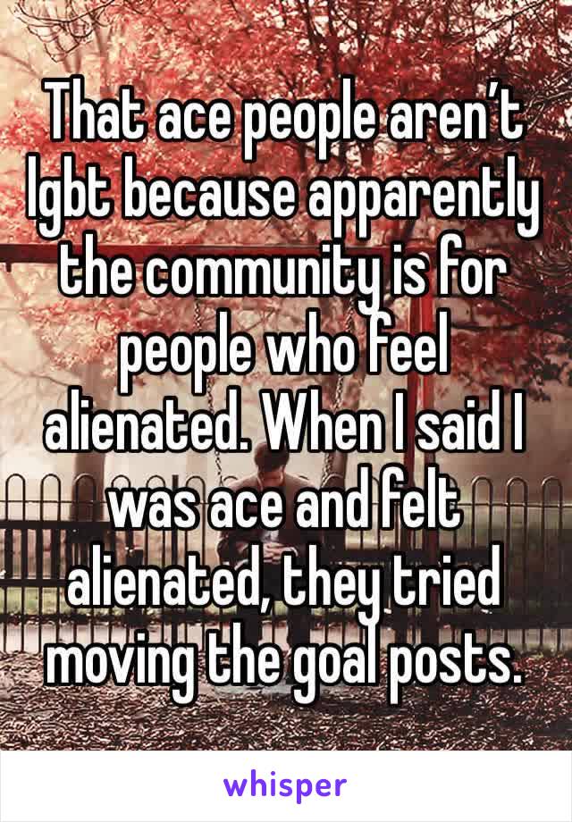 That ace people aren’t lgbt because apparently the community is for people who feel alienated. When I said I was ace and felt alienated, they tried moving the goal posts.