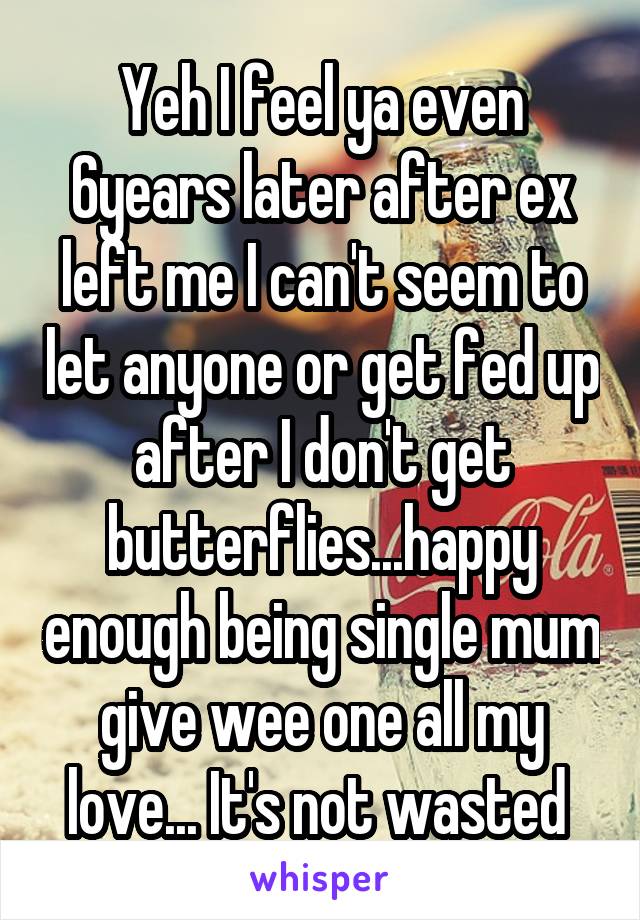 Yeh I feel ya even 6years later after ex left me I can't seem to let anyone or get fed up after I don't get butterflies...happy enough being single mum give wee one all my love... It's not wasted 