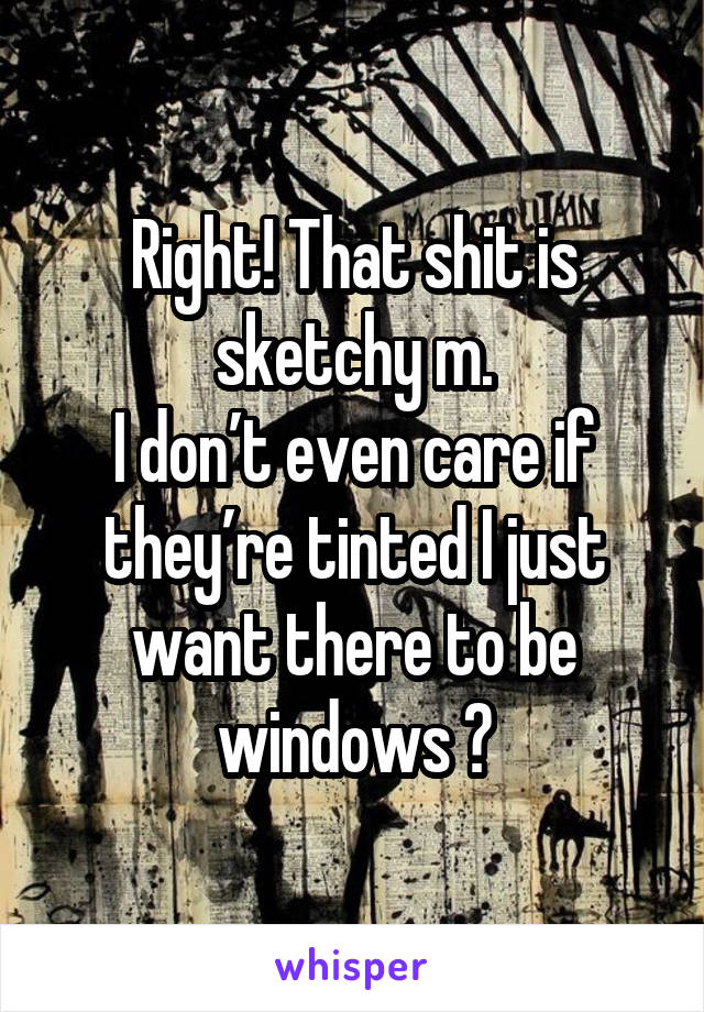 Right! That shit is sketchy m.
I don’t even care if they’re tinted I just want there to be windows 😂