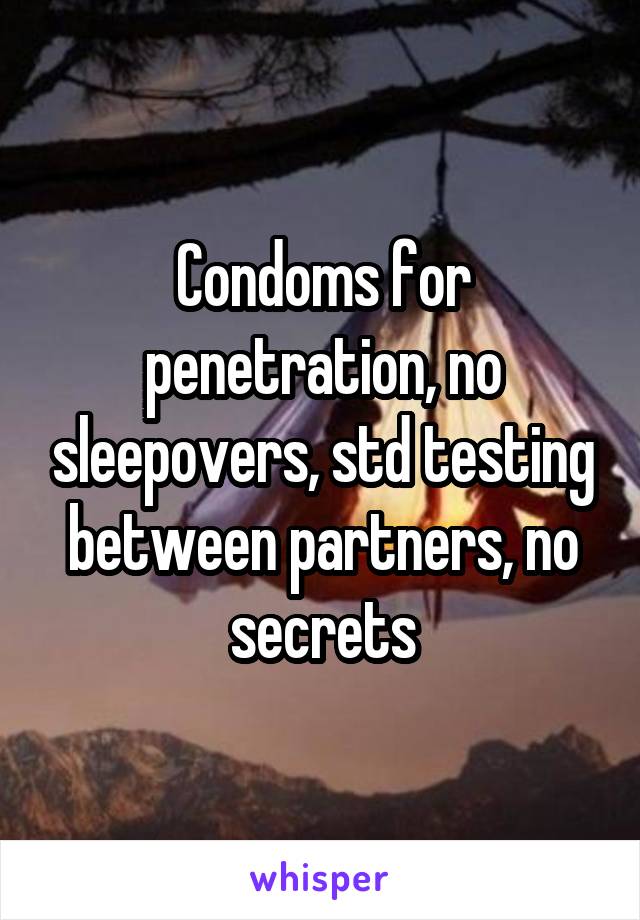 Condoms for penetration, no sleepovers, std testing between partners, no secrets