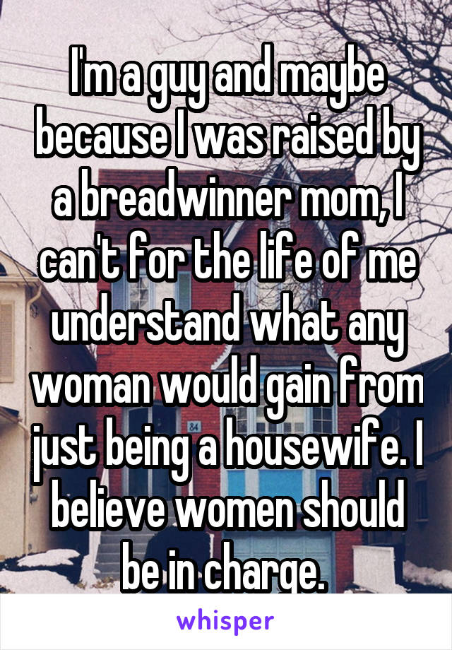I'm a guy and maybe because I was raised by a breadwinner mom, I can't for the life of me understand what any woman would gain from just being a housewife. I believe women should be in charge. 