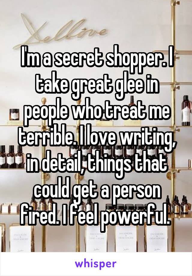 I'm a secret shopper. I take great glee in people who treat me terrible. I love writing, in detail, things that could get a person fired. I feel powerful. 