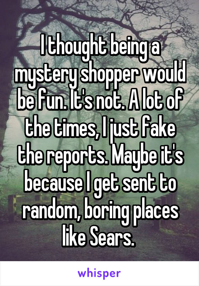 I thought being a mystery shopper would be fun. It's not. A lot of the times, I just fake the reports. Maybe it's because I get sent to random, boring places like Sears. 