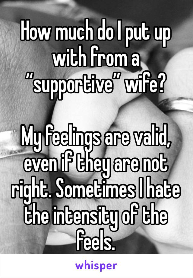 How much do I put up with from a “supportive” wife?

My feelings are valid, even if they are not right. Sometimes I hate the intensity of the feels.