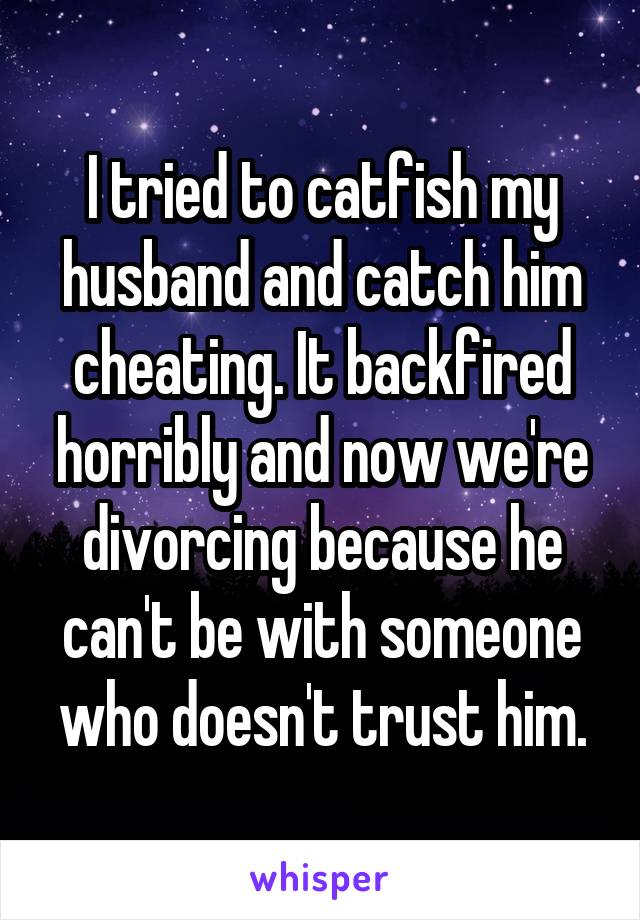 I tried to catfish my husband and catch him cheating. It backfired horribly and now we're divorcing because he can't be with someone who doesn't trust him.