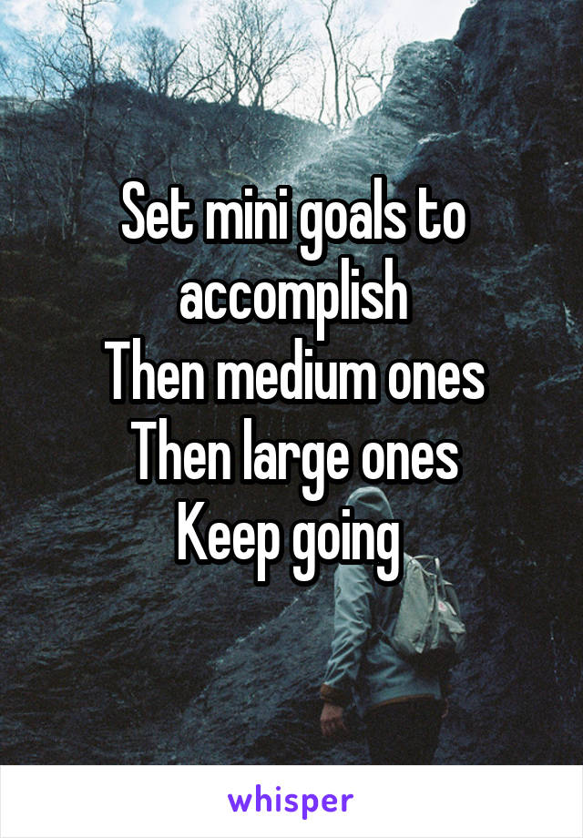 Set mini goals to accomplish
Then medium ones
Then large ones
Keep going 
