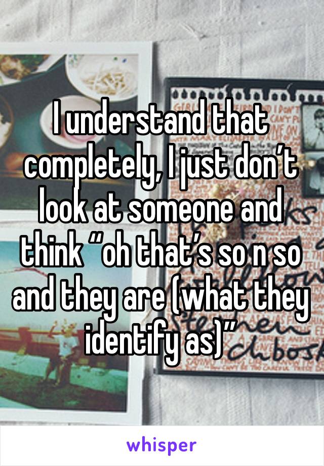 I understand that completely, I just don’t look at someone and think “oh that’s so n so and they are (what they identify as)” 