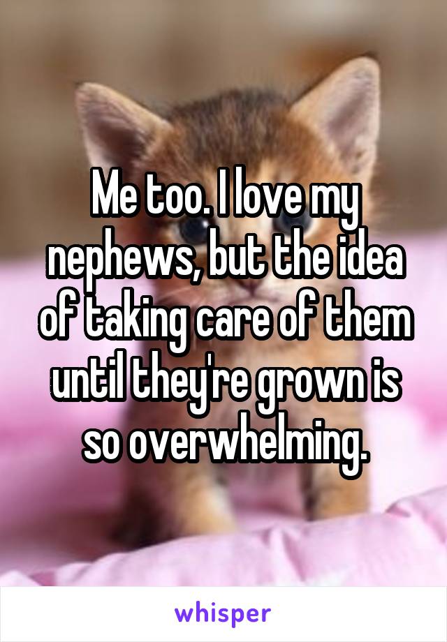 Me too. I love my nephews, but the idea of taking care of them until they're grown is so overwhelming.