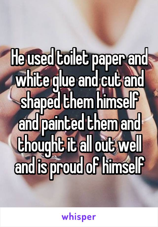 He used toilet paper and white glue and cut and shaped them himself and painted them and thought it all out well and is proud of himself