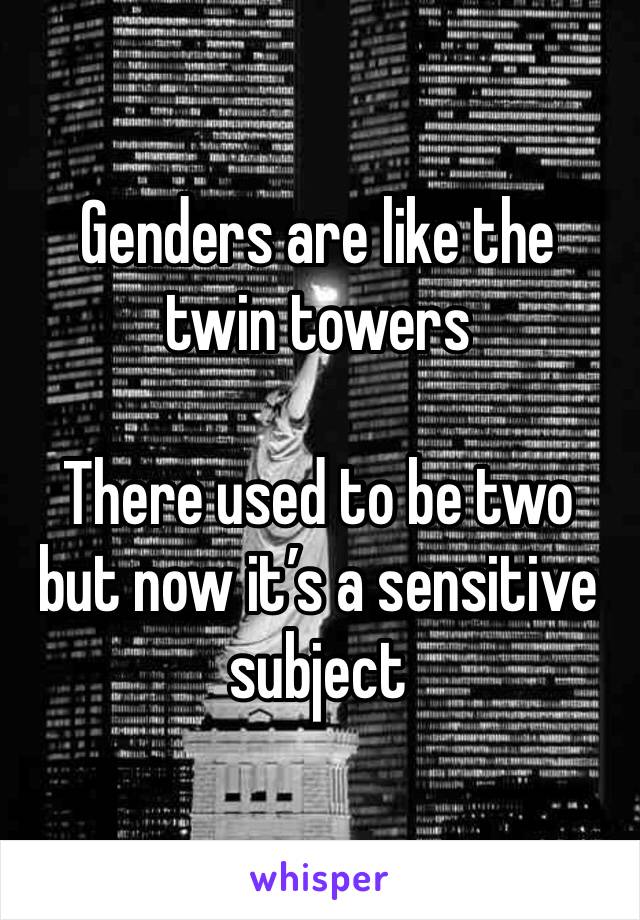 Genders are like the twin towers

There used to be two but now it’s a sensitive subject