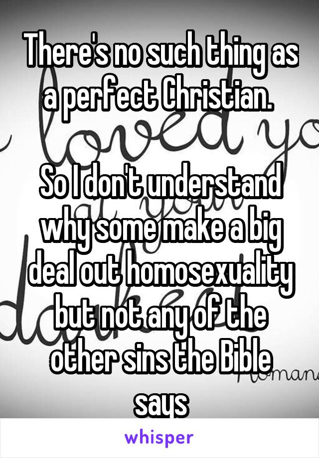 There's no such thing as a perfect Christian. 

So I don't understand why some make a big deal out homosexuality but not any of the other sins the Bible says