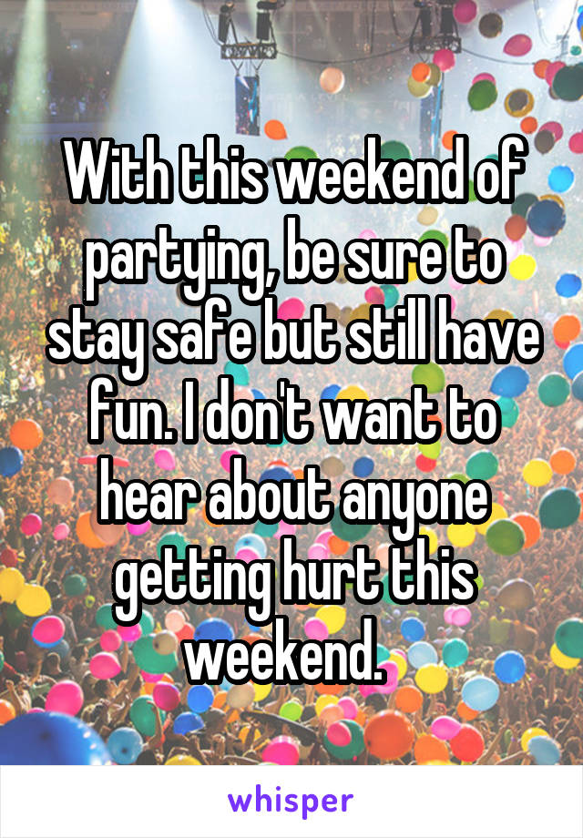 With this weekend of partying, be sure to stay safe but still have fun. I don't want to hear about anyone getting hurt this weekend.  
