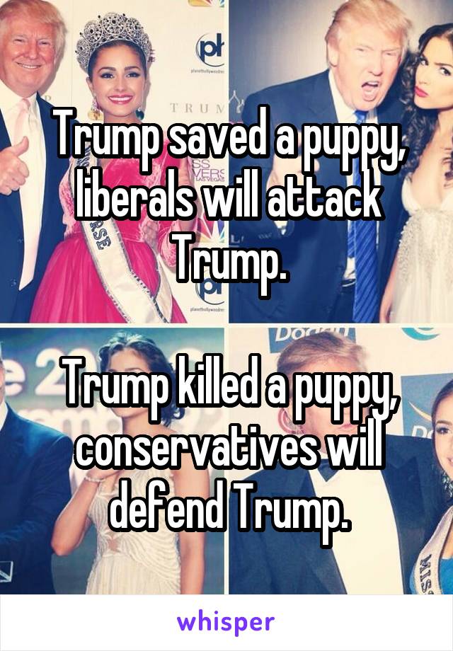 Trump saved a puppy, liberals will attack Trump.

Trump killed a puppy, conservatives will defend Trump.
