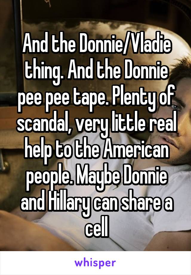 And the Donnie/Vladie thing. And the Donnie pee pee tape. Plenty of scandal, very little real help to the American people. Maybe Donnie and Hillary can share a cell