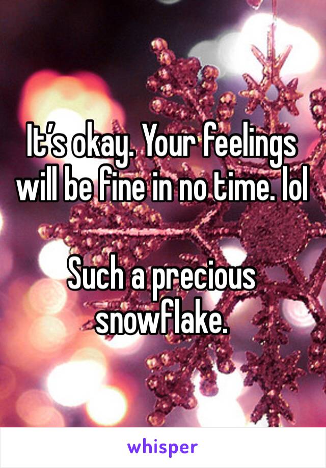 It’s okay. Your feelings will be fine in no time. lol 

Such a precious snowflake. 