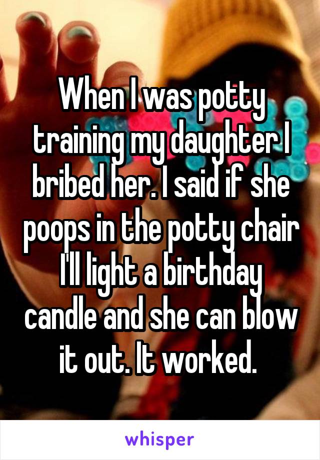 When I was potty training my daughter I bribed her. I said if she poops in the potty chair I'll light a birthday candle and she can blow it out. It worked. 