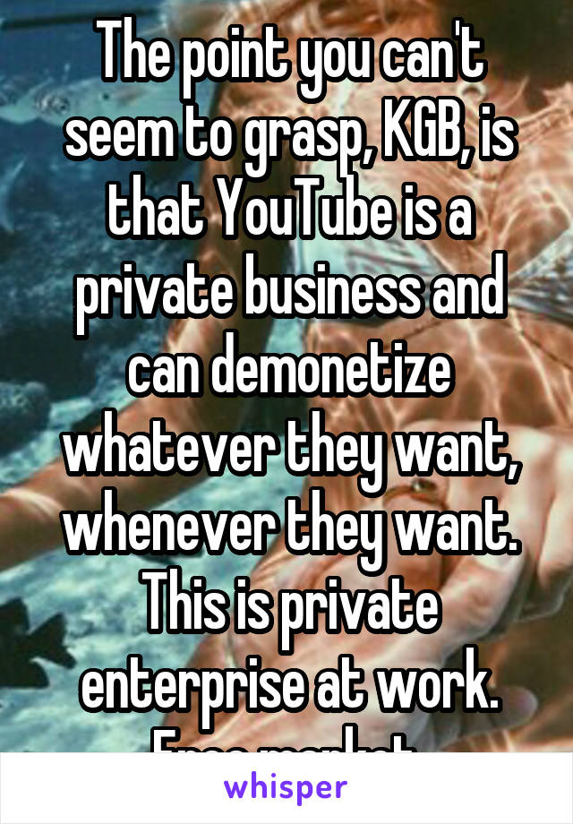 The point you can't seem to grasp, KGB, is that YouTube is a private business and can demonetize whatever they want, whenever they want. This is private enterprise at work. Free market.