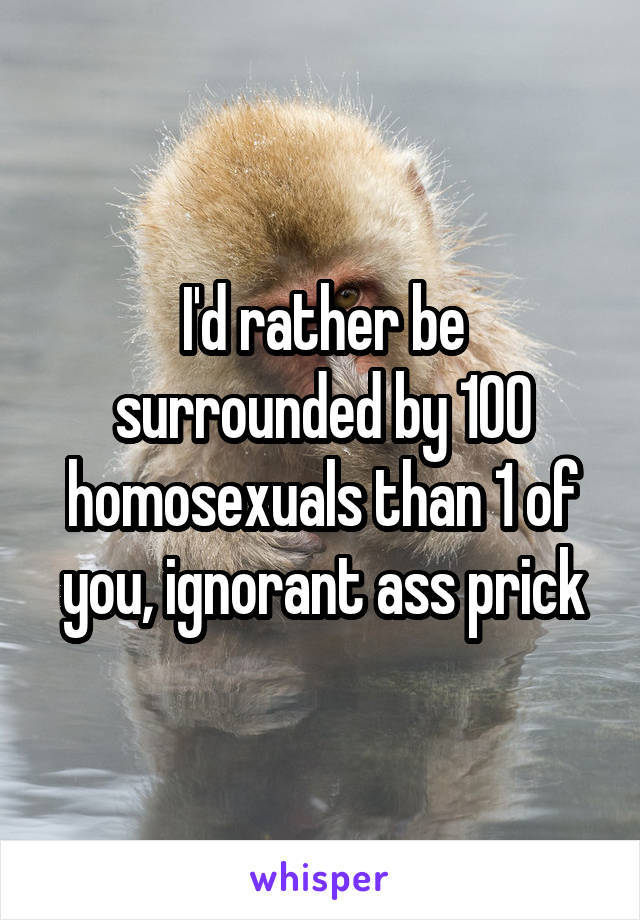 I'd rather be surrounded by 100 homosexuals than 1 of you, ignorant ass prick