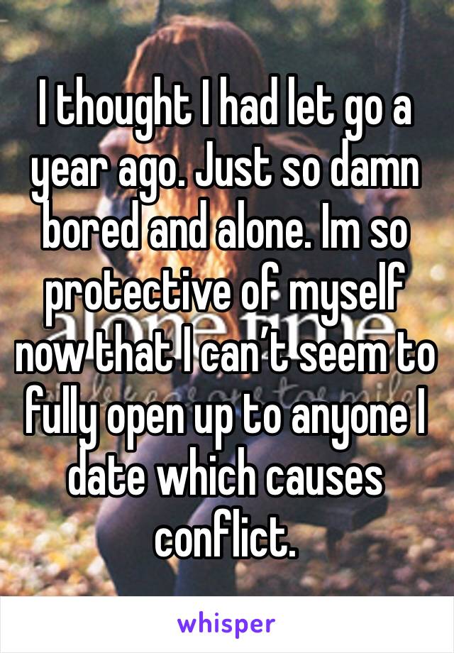 I thought I had let go a year ago. Just so damn bored and alone. Im so protective of myself now that I can’t seem to fully open up to anyone I date which causes conflict.