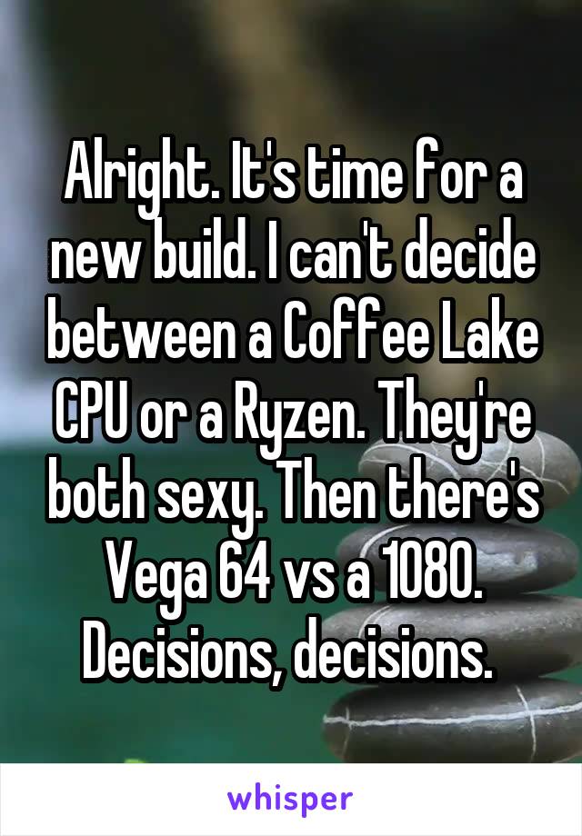 Alright. It's time for a new build. I can't decide between a Coffee Lake CPU or a Ryzen. They're both sexy. Then there's Vega 64 vs a 1080. Decisions, decisions. 