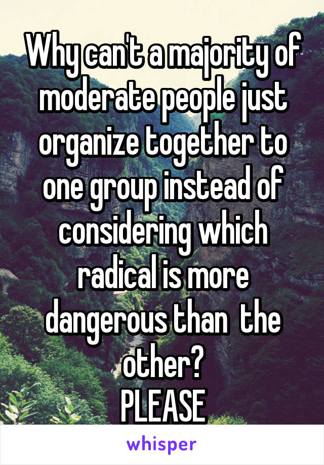 Why can't a majority of moderate people just organize together to one group instead of considering which radical is more dangerous than  the other?
PLEASE