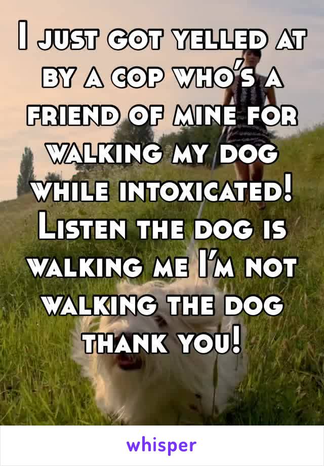 I just got yelled at by a cop who’s a friend of mine for walking my dog while intoxicated! Listen the dog is walking me I’m not walking the dog thank you!