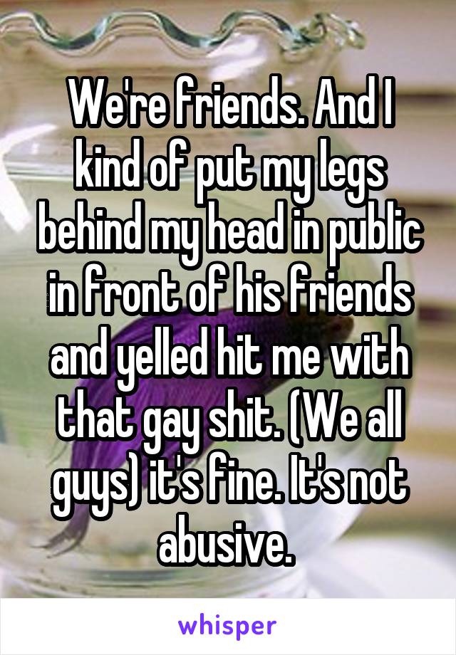 We're friends. And I kind of put my legs behind my head in public in front of his friends and yelled hit me with that gay shit. (We all guys) it's fine. It's not abusive. 