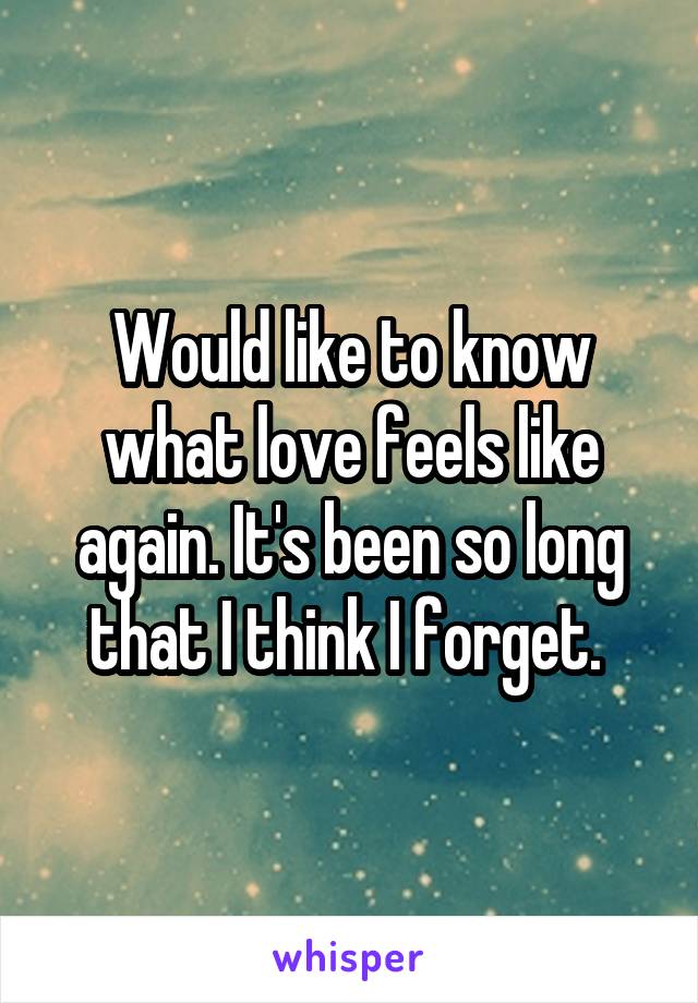 Would like to know what love feels like again. It's been so long that I think I forget. 