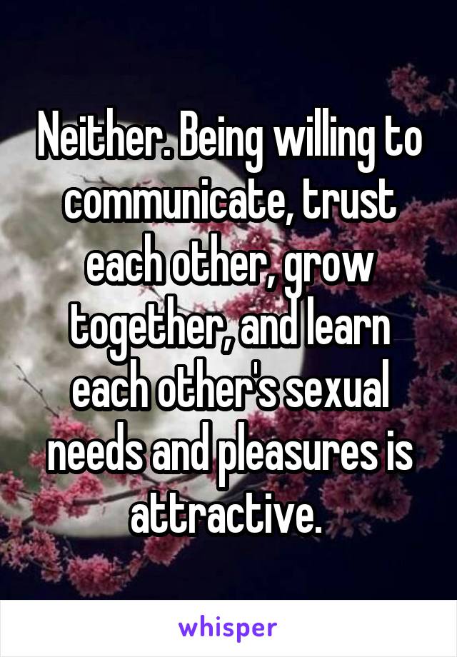 Neither. Being willing to communicate, trust each other, grow together, and learn each other's sexual needs and pleasures is attractive. 