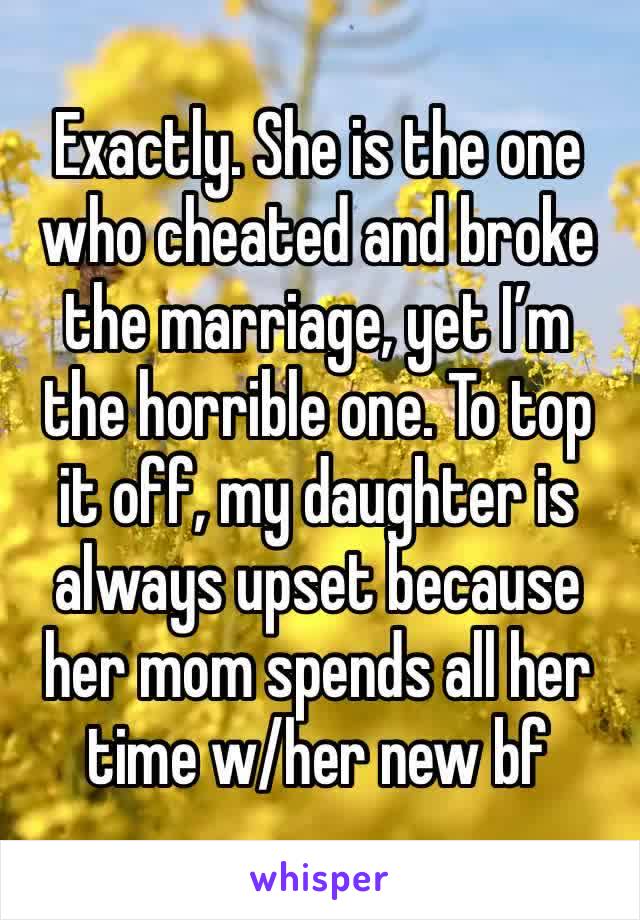 Exactly. She is the one who cheated and broke the marriage, yet I’m the horrible one. To top it off, my daughter is always upset because her mom spends all her time w/her new bf 