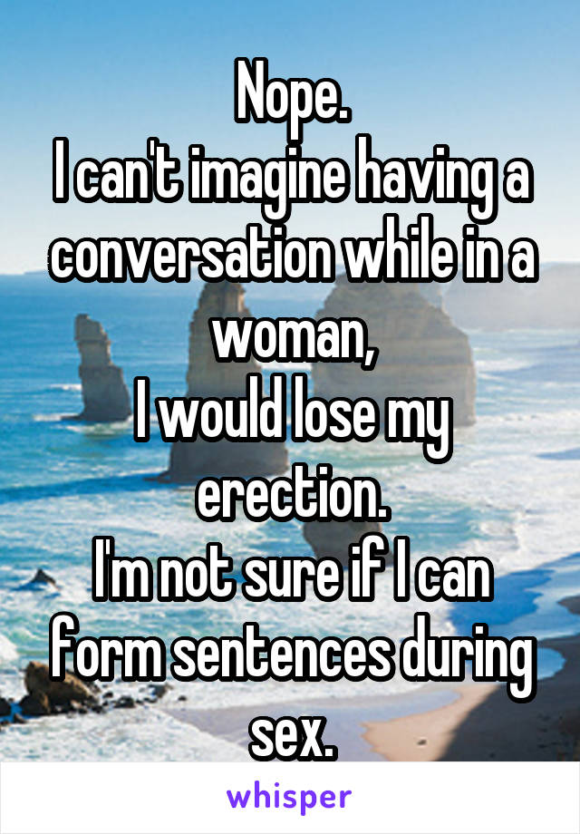 Nope.
I can't imagine having a conversation while in a woman,
I would lose my erection.
I'm not sure if I can form sentences during sex.