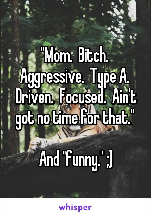 "Mom.  Bitch.  Aggressive.  Type A.  Driven.  Focused.  Ain't got no time for that." 

And "funny." ;)