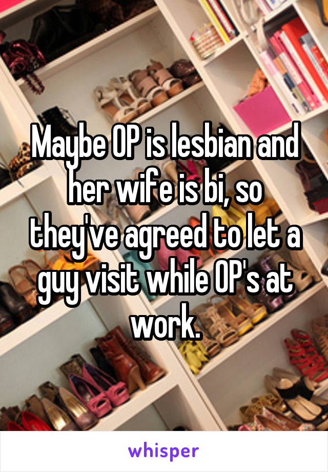 Maybe OP is lesbian and her wife is bi, so they've agreed to let a guy visit while OP's at work.