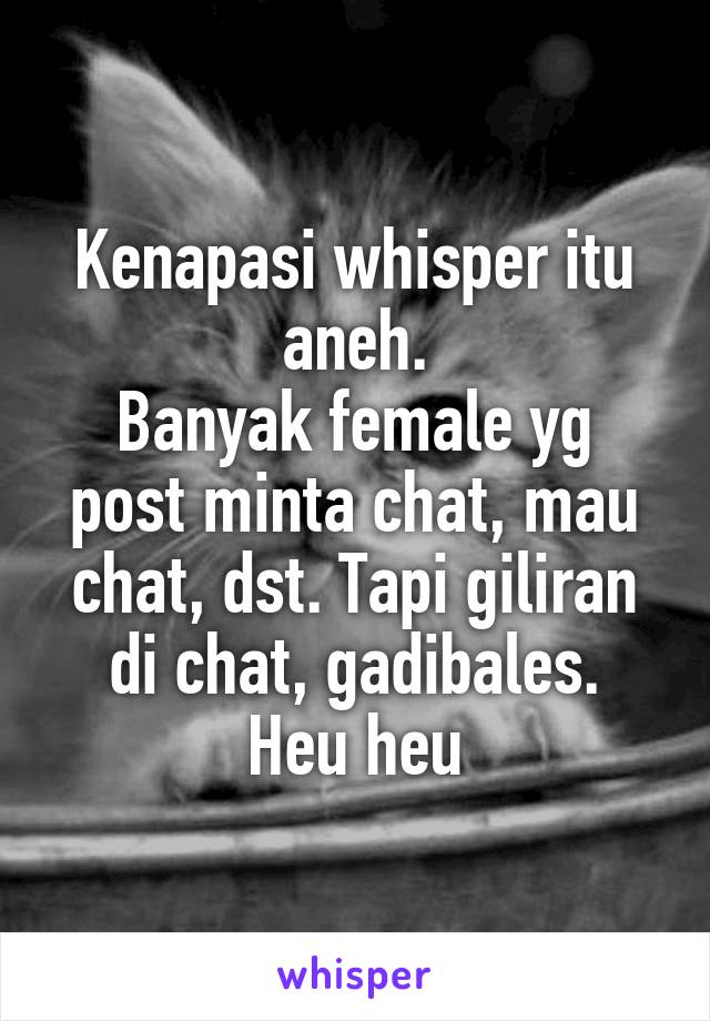 Kenapasi whisper itu aneh.
Banyak female yg post minta chat, mau chat, dst. Tapi giliran di chat, gadibales.
Heu heu