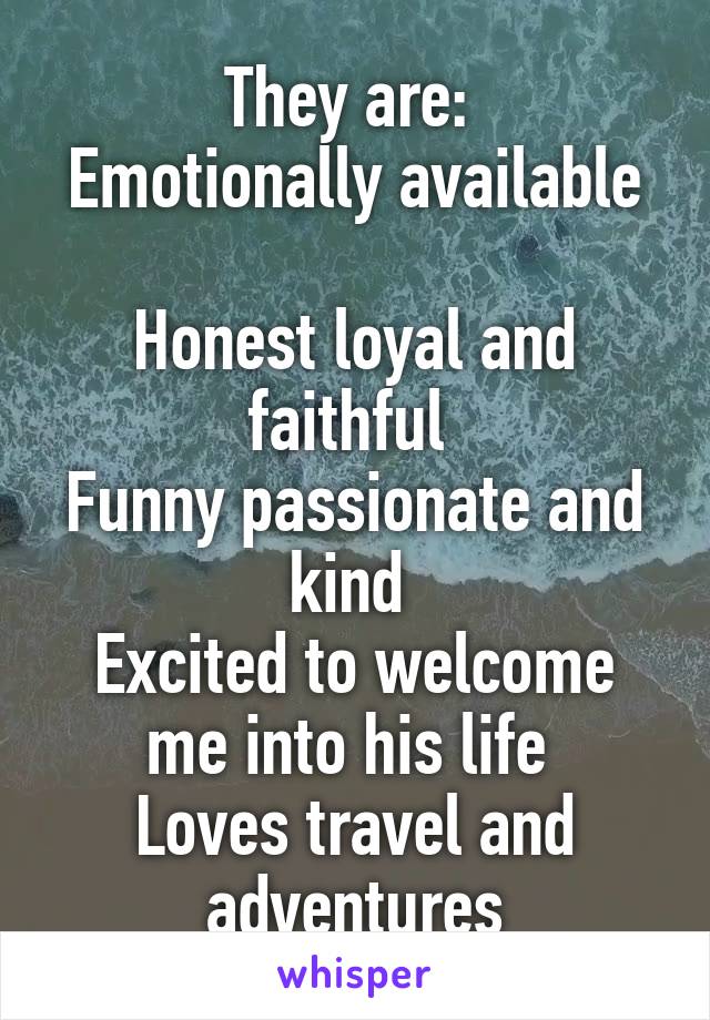 They are: 
Emotionally available 
Honest loyal and faithful 
Funny passionate and kind 
Excited to welcome me into his life 
Loves travel and adventures