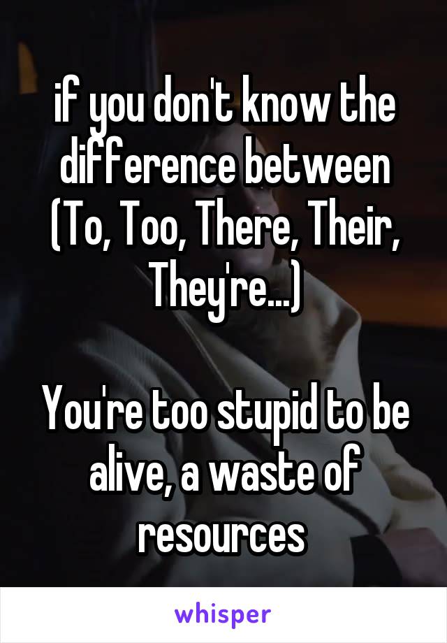 if you don't know the difference between (To, Too, There, Their, They're...)

You're too stupid to be alive, a waste of resources 