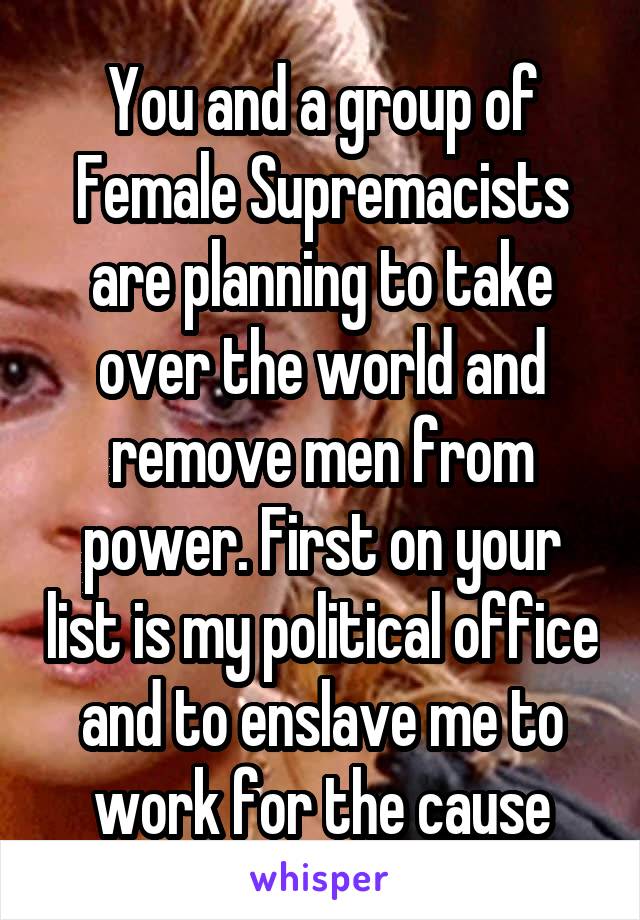 You and a group of Female Supremacists are planning to take over the world and remove men from power. First on your list is my political office and to enslave me to work for the cause