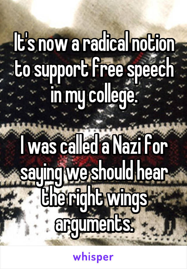 It's now a radical notion to support free speech in my college.

I was called a Nazi for saying we should hear the right wings arguments.