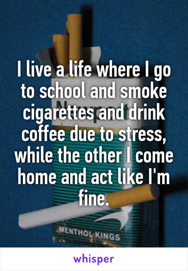 I live a life where I go to school and smoke cigarettes and drink coffee due to stress, while the other I come home and act like I'm fine.