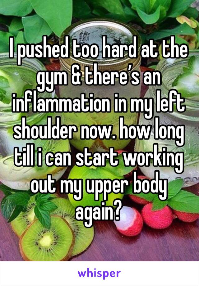 I pushed too hard at the gym & there’s an inflammation in my left shoulder now. how long till i can start working out my upper body again?