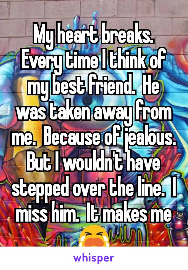 My heart breaks.  Every time I think of my best friend.  He was taken away from me.  Because of jealous. But I wouldn't have stepped over the line.  I miss him.  It makes me 😭