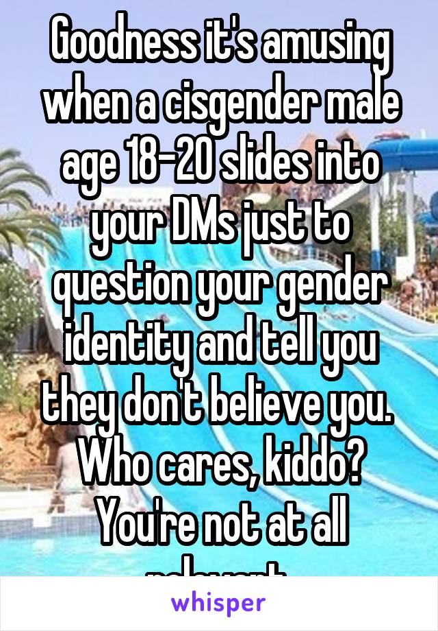 Goodness it's amusing when a cisgender male age 18-20 slides into your DMs just to question your gender identity and tell you they don't believe you.  Who cares, kiddo? You're not at all relevant 