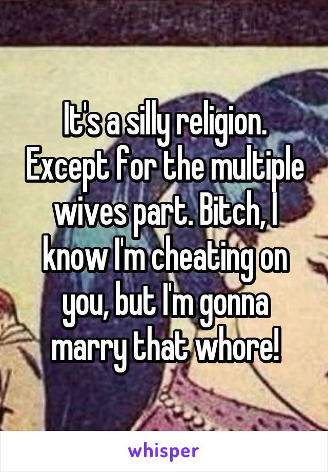 It's a silly religion. Except for the multiple wives part. Bitch, I know I'm cheating on you, but I'm gonna marry that whore!